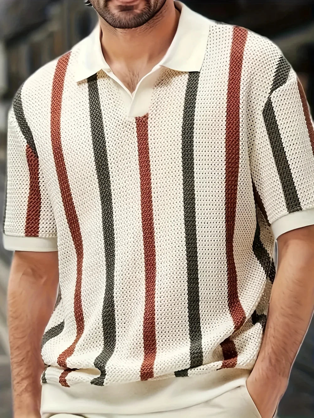 Men's Striped Knit Cardigan Polo